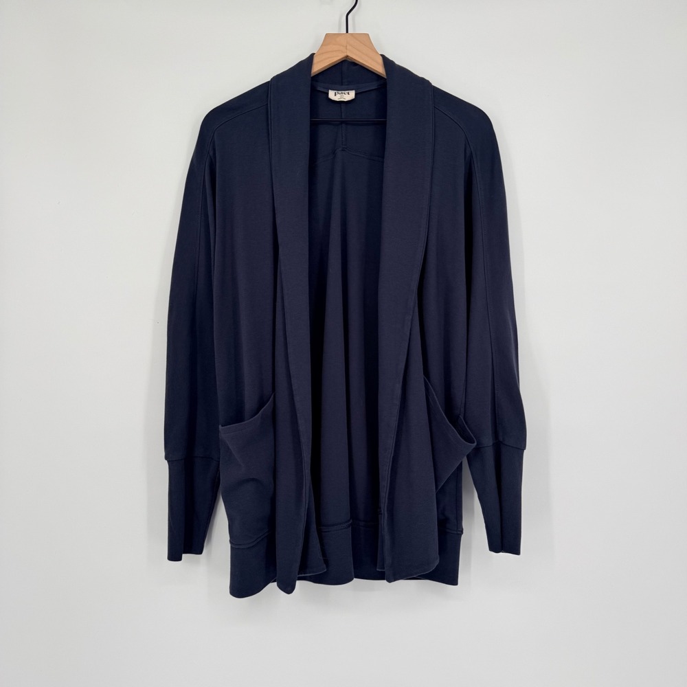 Pact Airplane Wrap Cardigan Women M Navy Blue Organic Cotton Open Front Travel